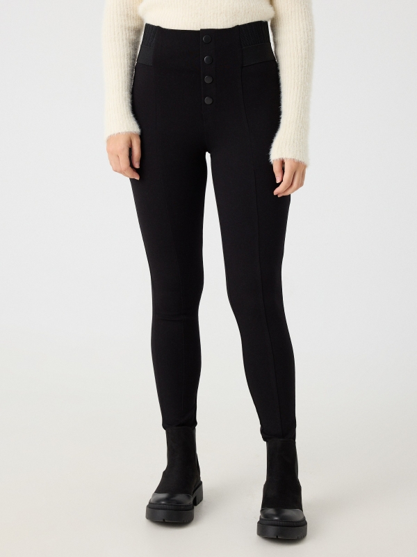 Leggings with elastic waist buttons black middle front view