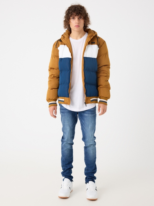 Hooded color block padded jacket ochre front view