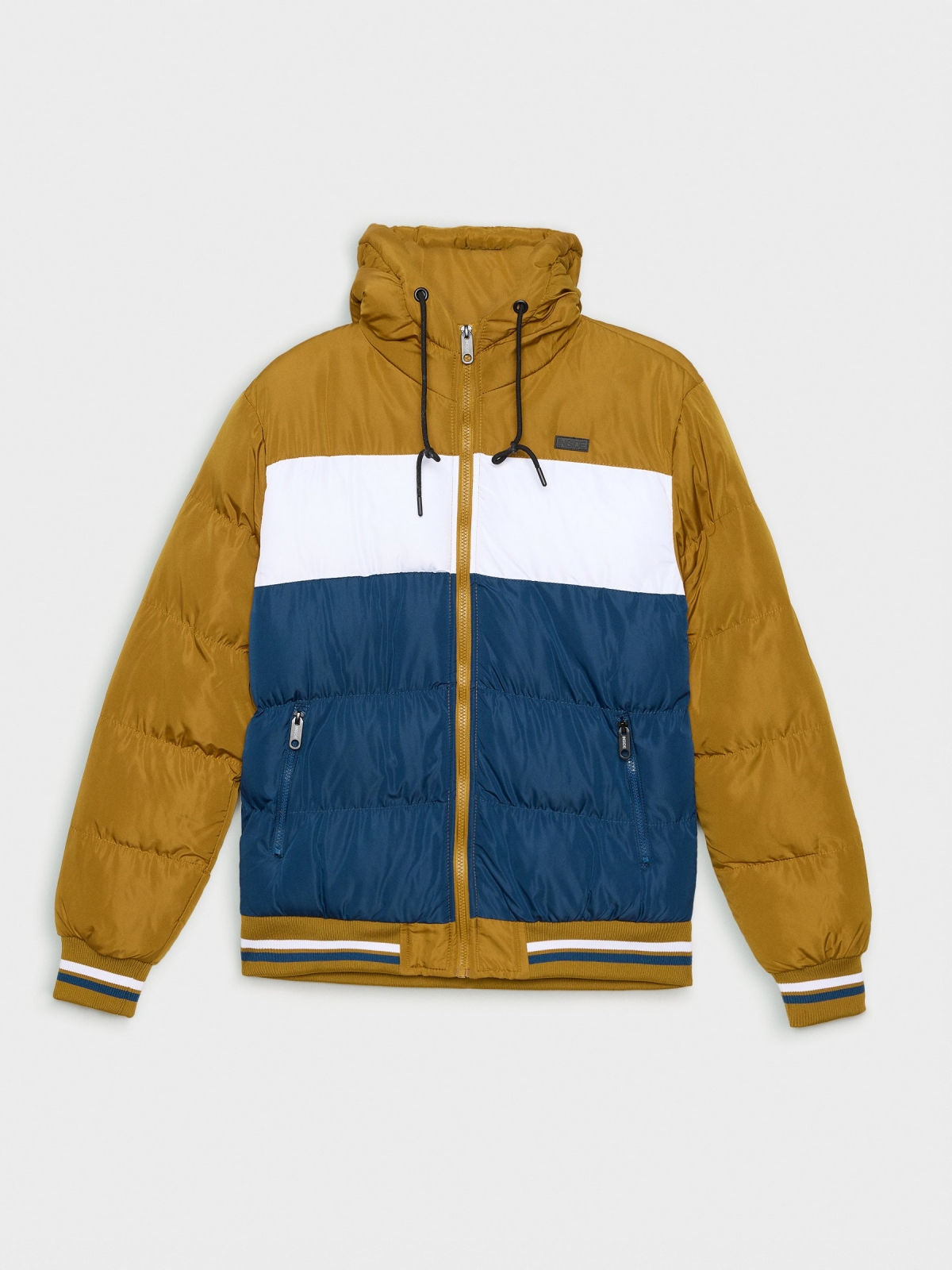  Hooded color block padded jacket ochre