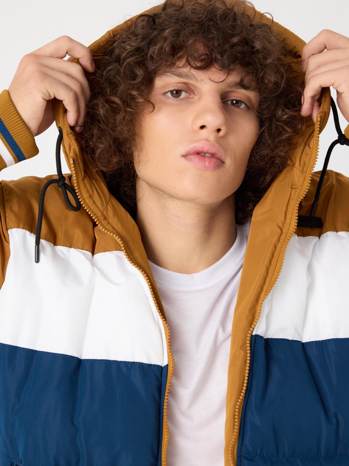 Hooded color block padded jacket ochre detail view