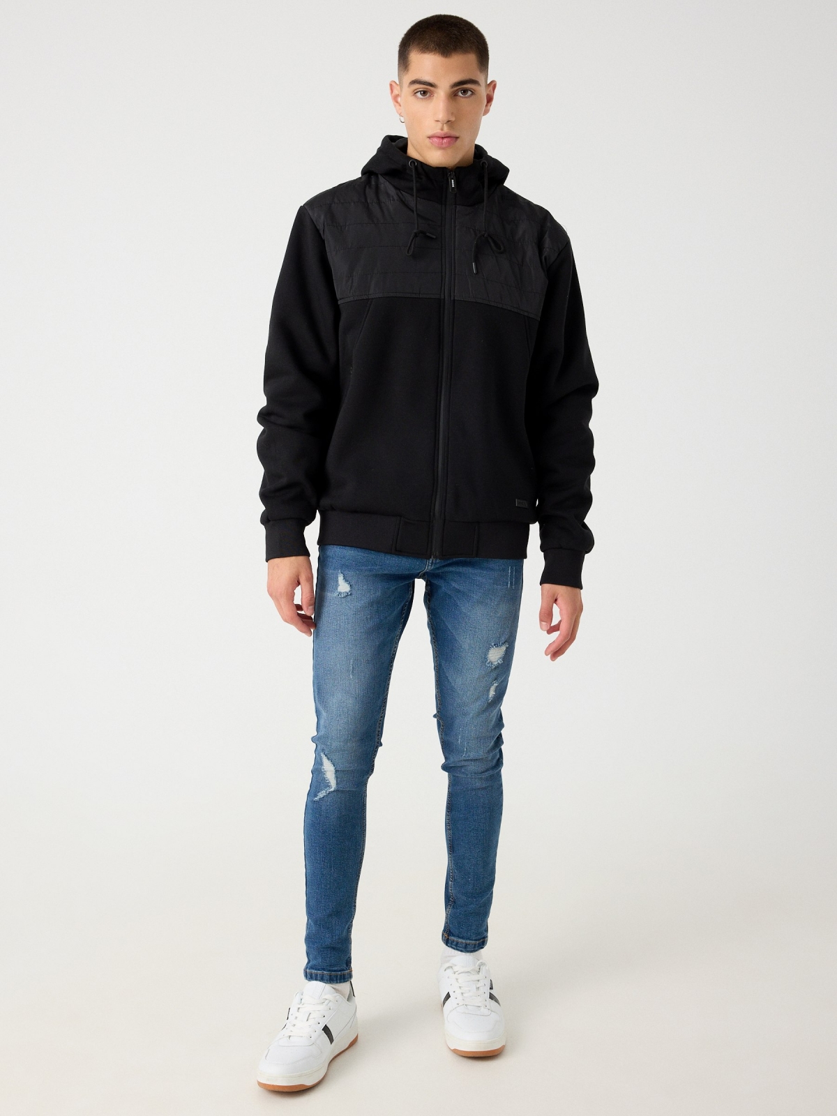 Combined hooded jacket black front view