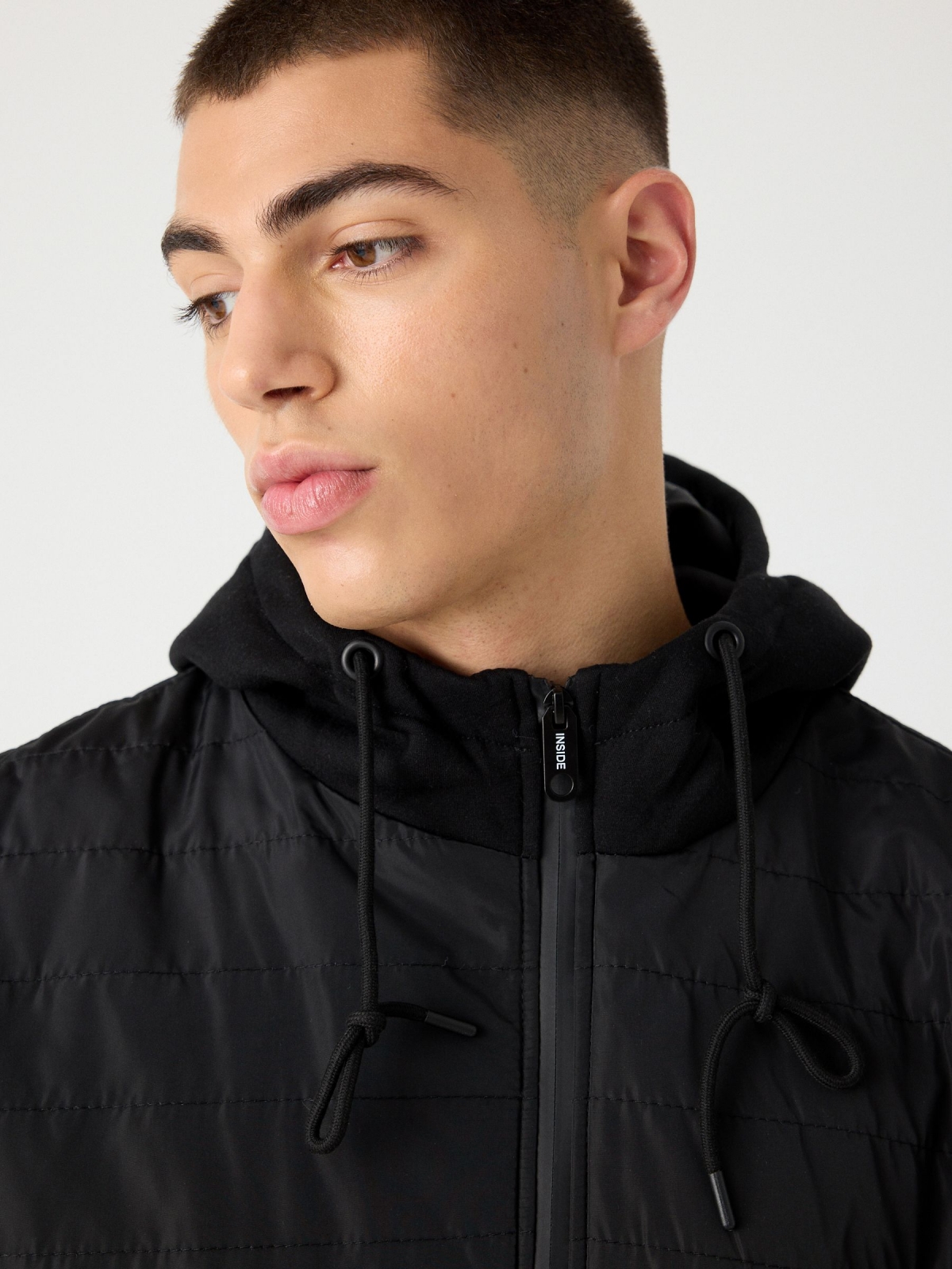 Combined hooded jacket black detail view