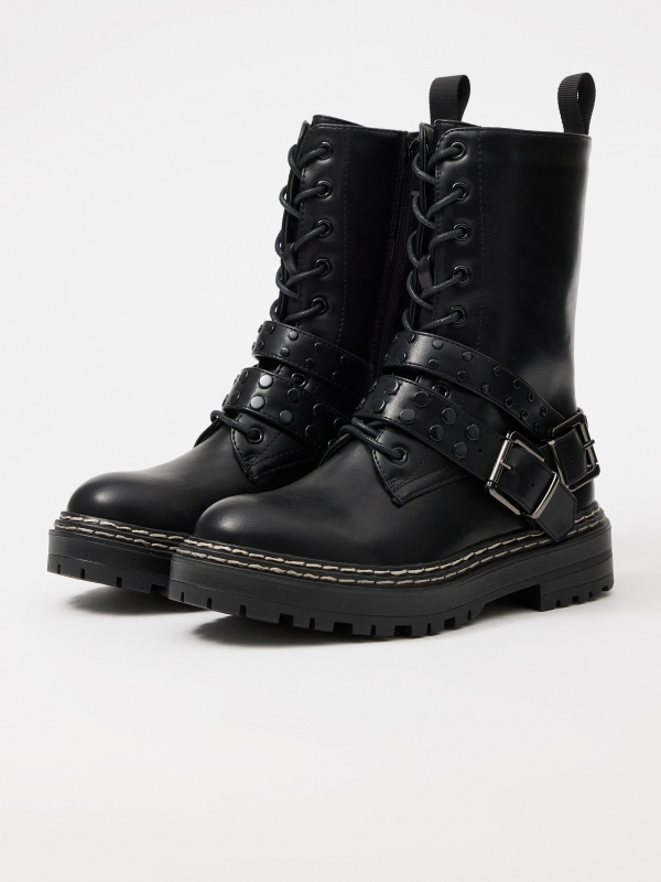 Ankle boot with studded straps black 45º front view