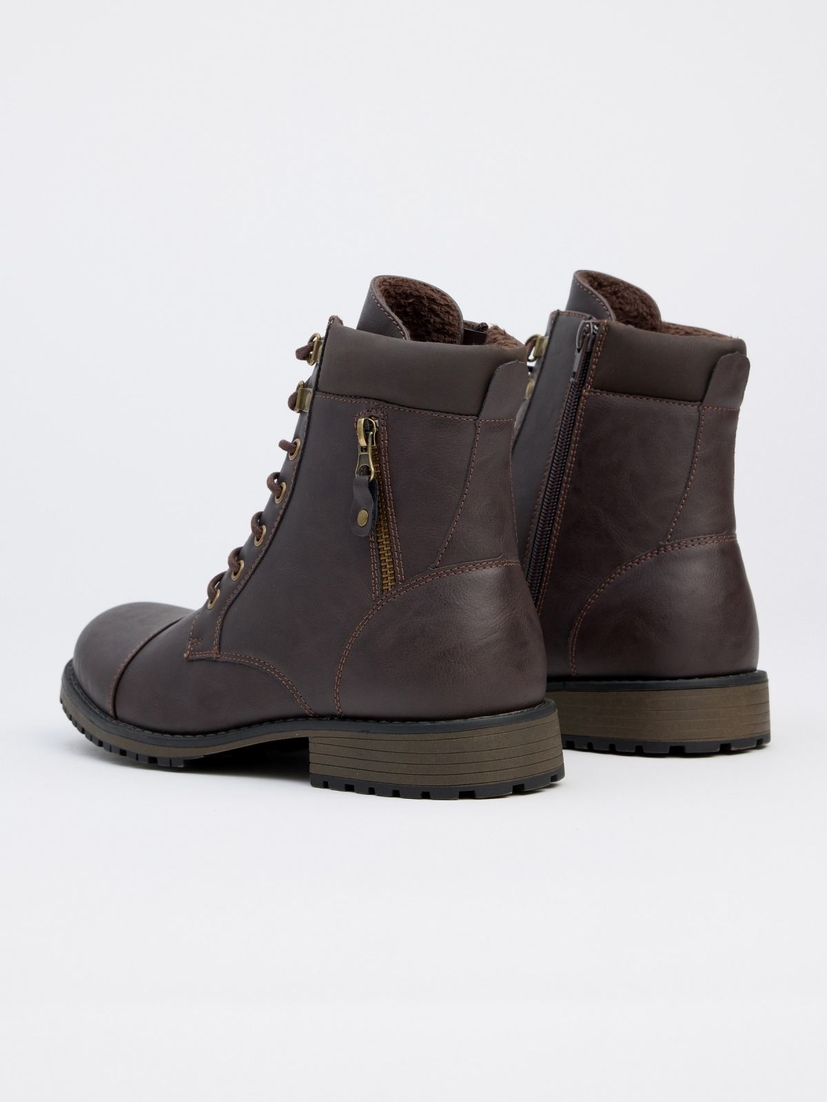 Brown military boot with zipper detail earth brown 45º back view