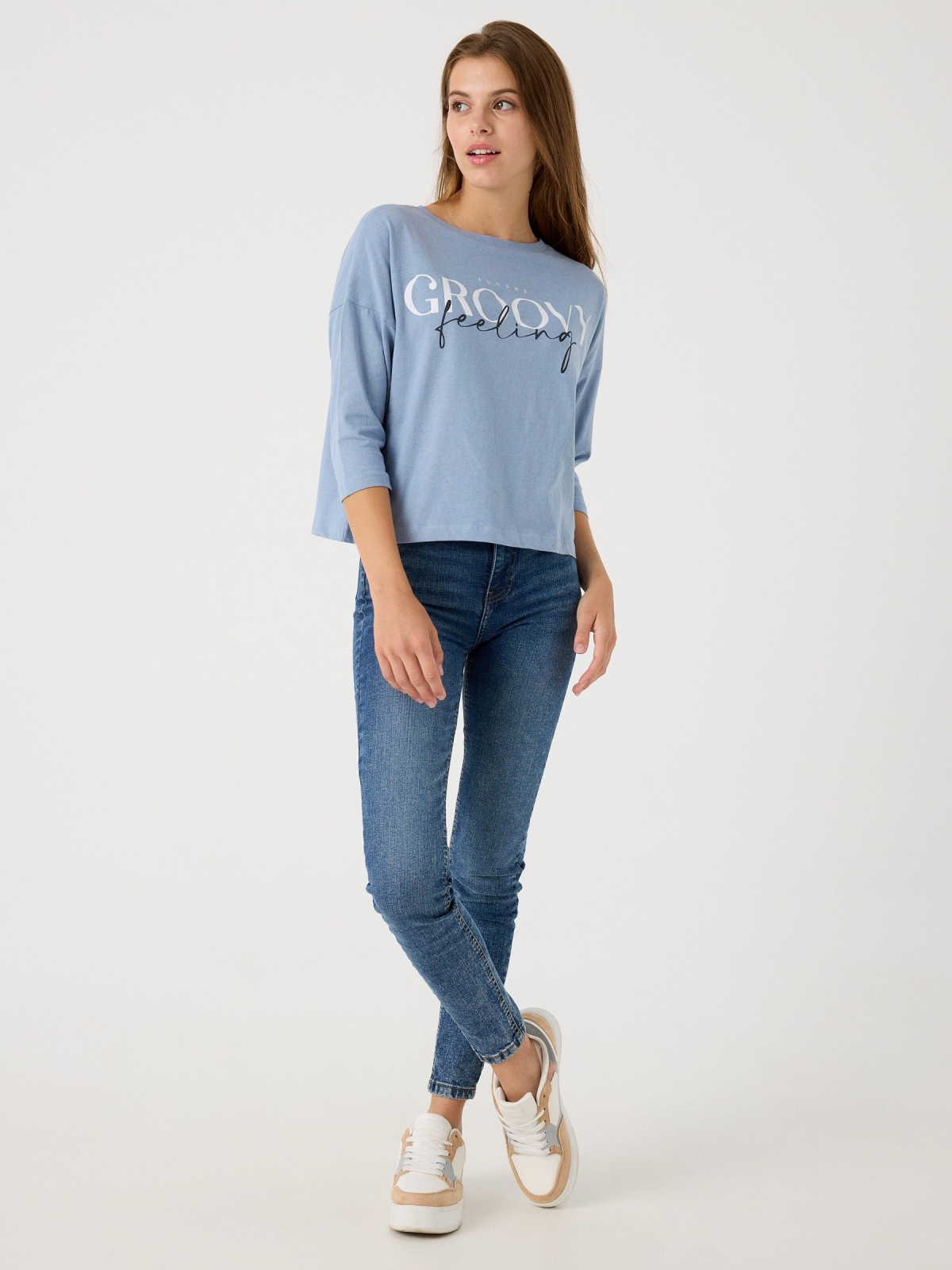 3/4 sleeve t-shirt with text print light blue front view
