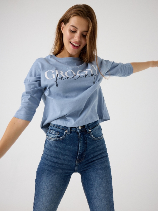 3/4 sleeve t-shirt with text print light blue detail view