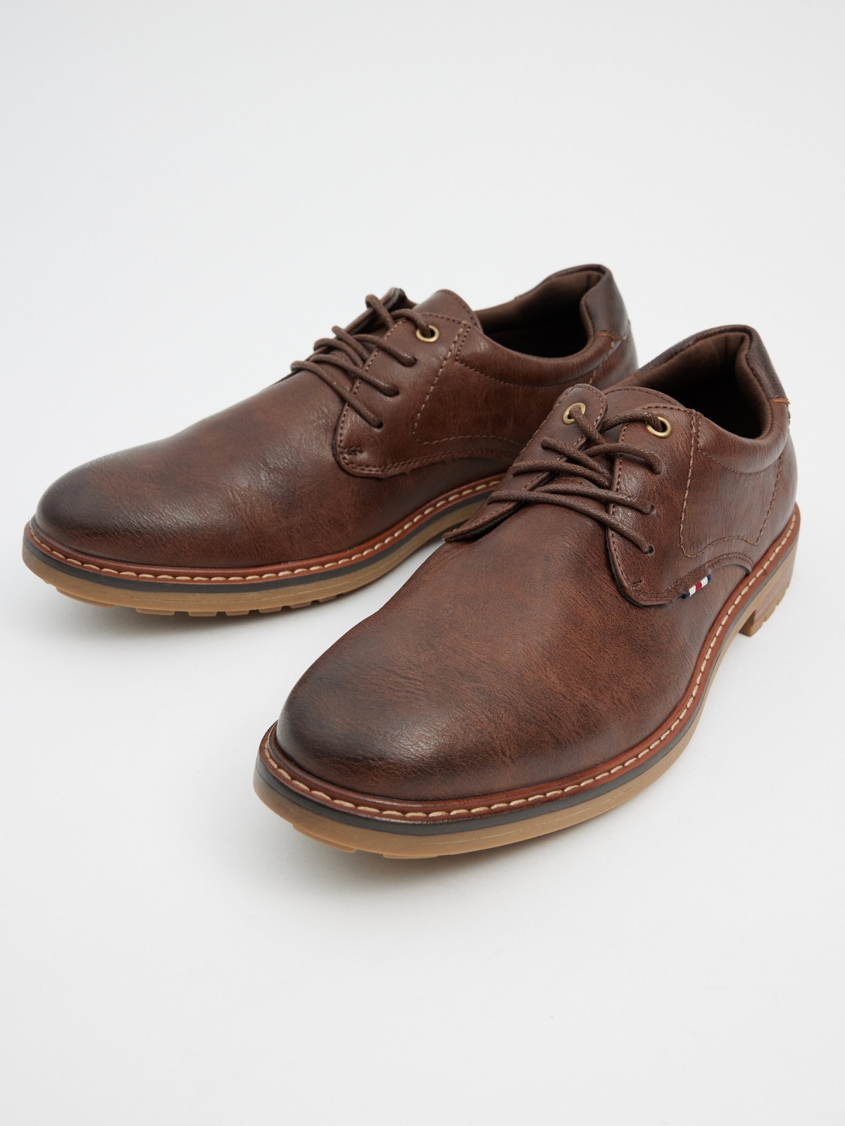 Brown leather effect blucher shoe brown 45º front view