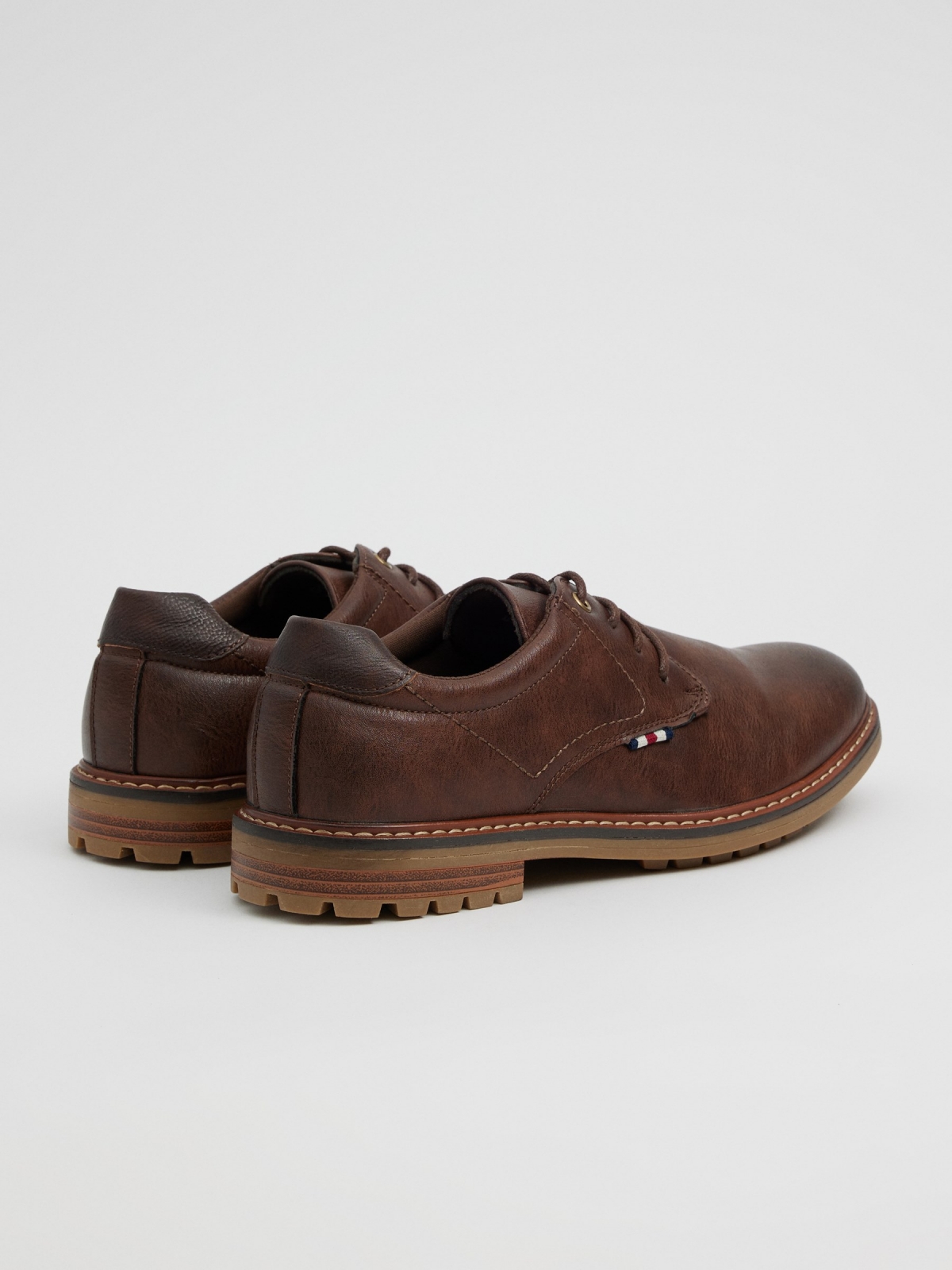 Brown leather effect blucher shoe brown 45º back view