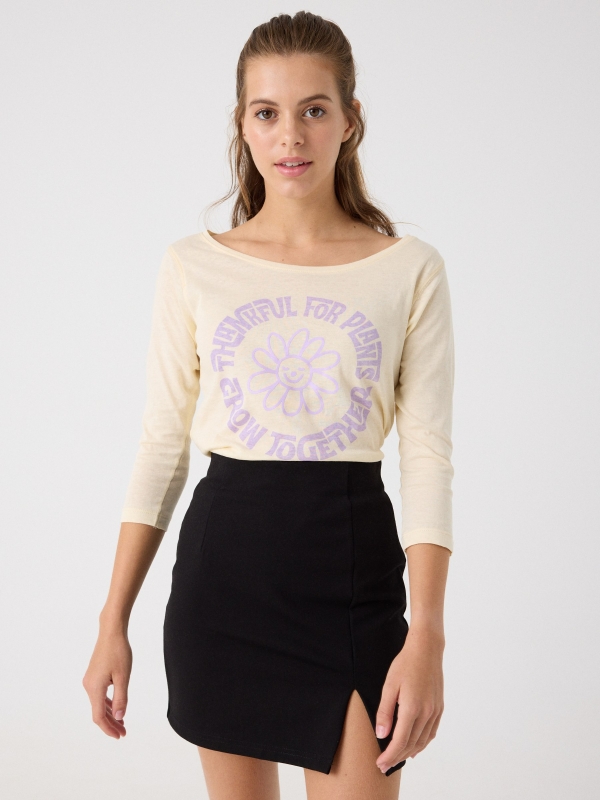 3/4 sleeve t-shirt with flower print sand middle front view