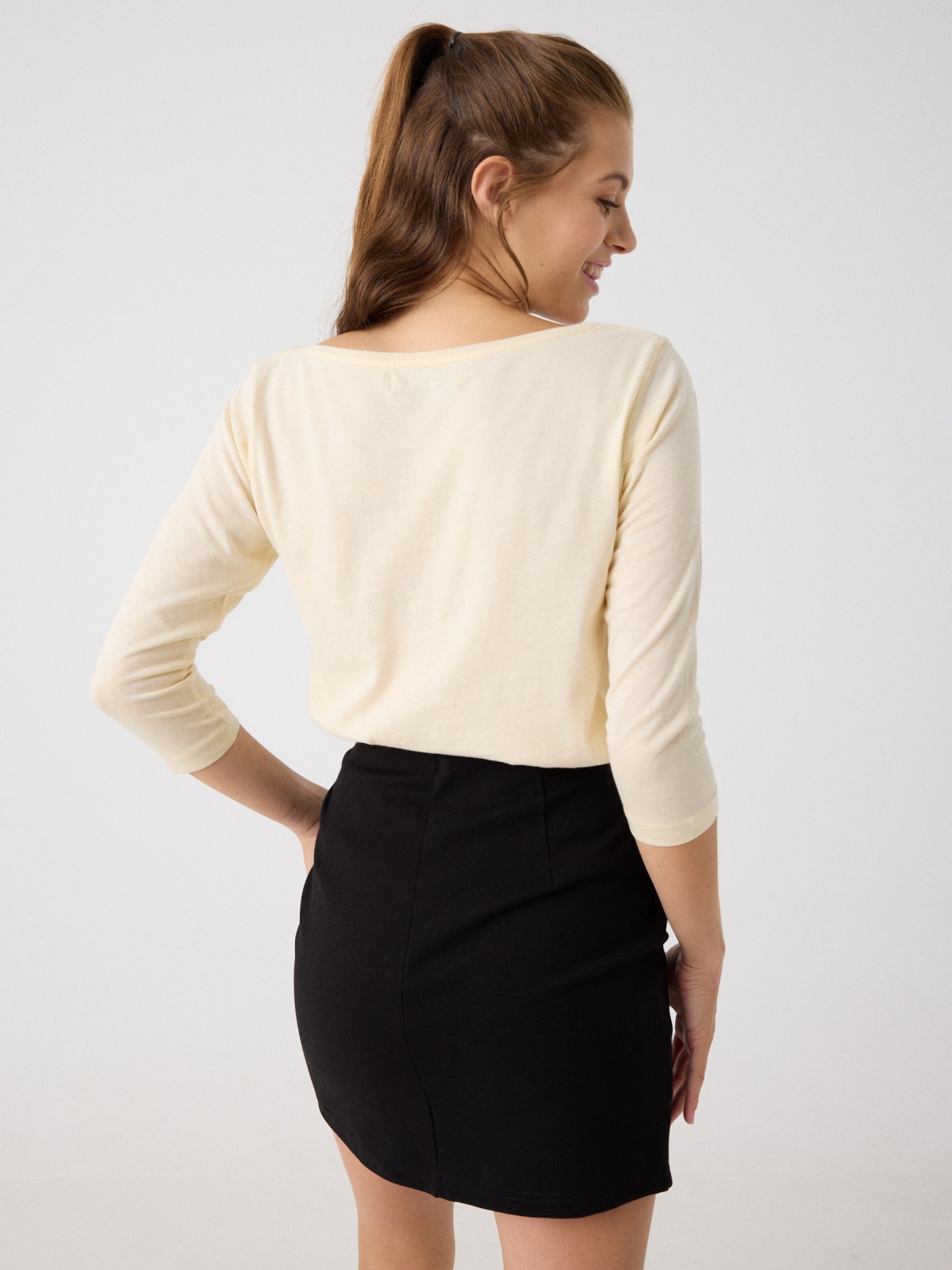 3/4 sleeve t-shirt with flower print sand middle back view