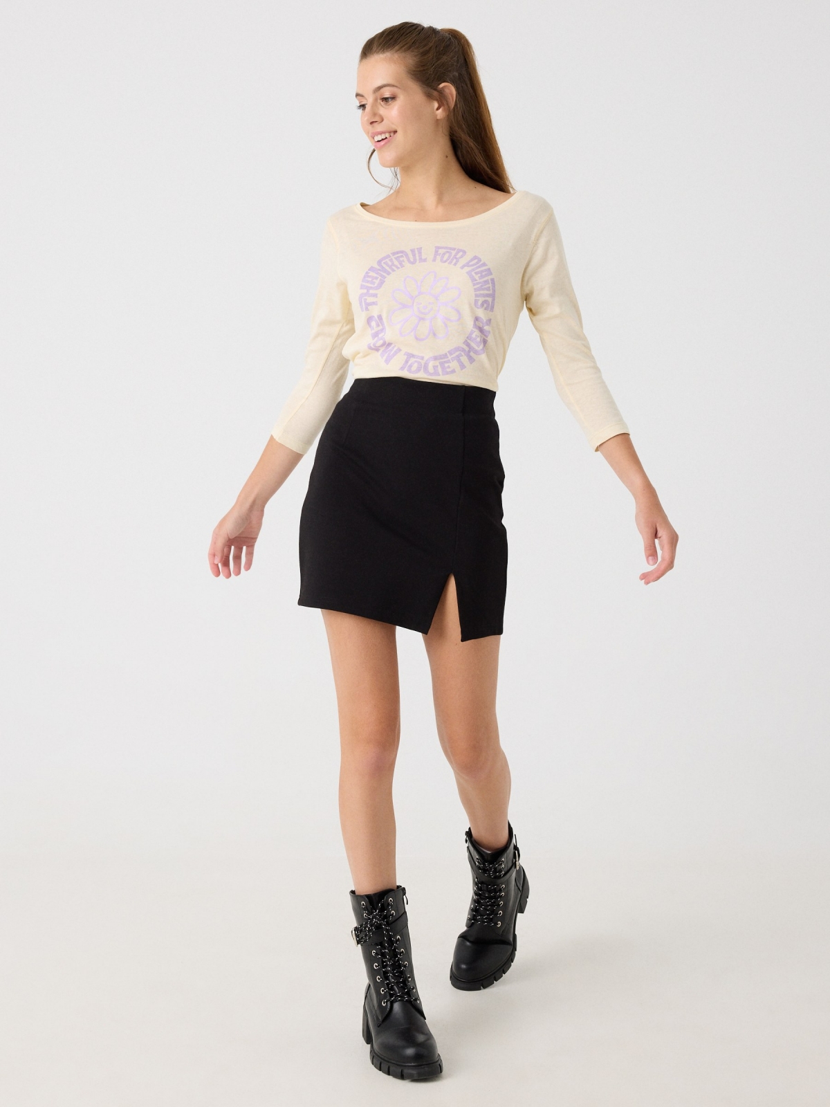 3/4 sleeve t-shirt with flower print sand front view