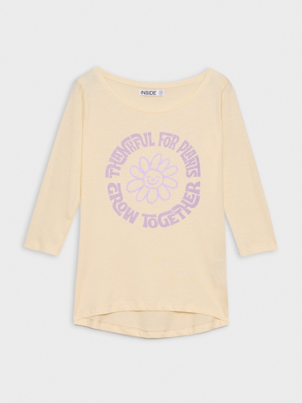  T-shirt manga 3/4 com estampa de flor areia