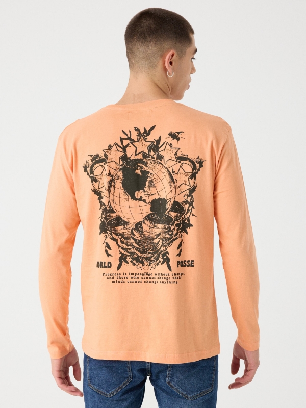 Illustration print t-shirt coral middle back view