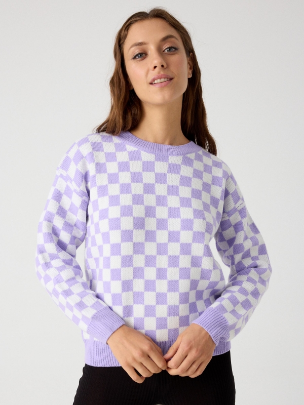 Checkered jacquard sweater lilac middle front view