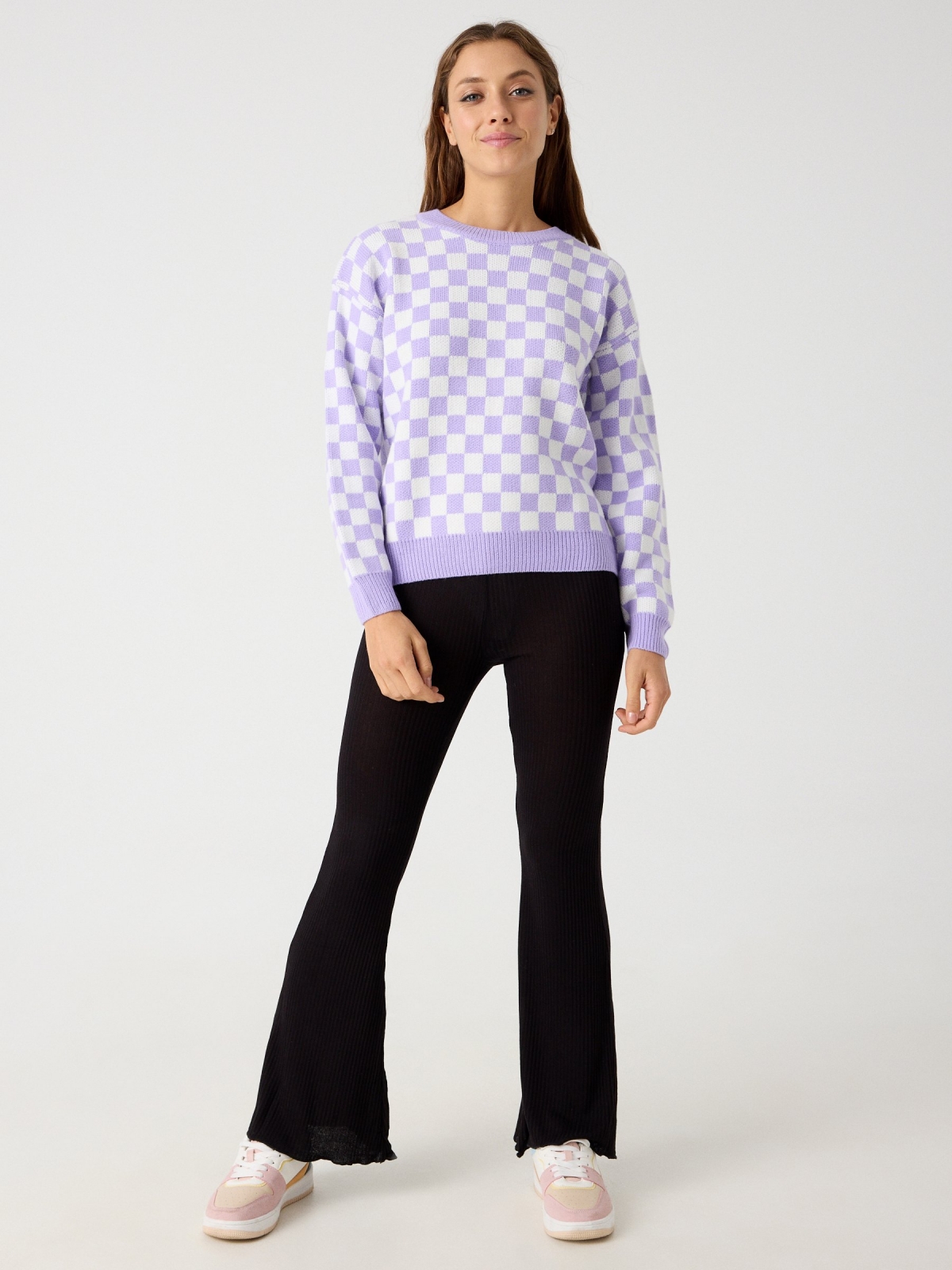 Checkered jacquard sweater lilac front view