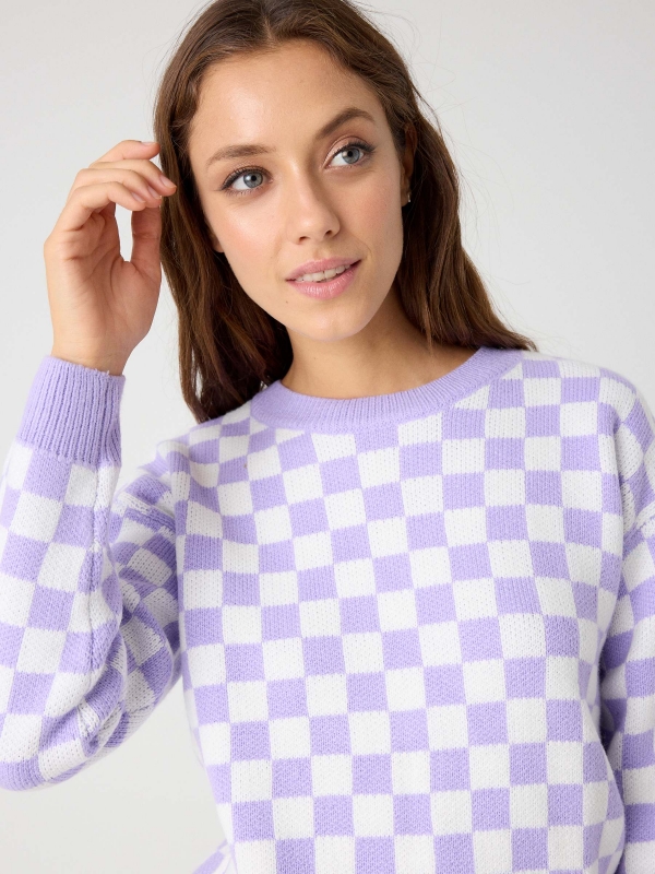 Checkered jacquard sweater lilac detail view