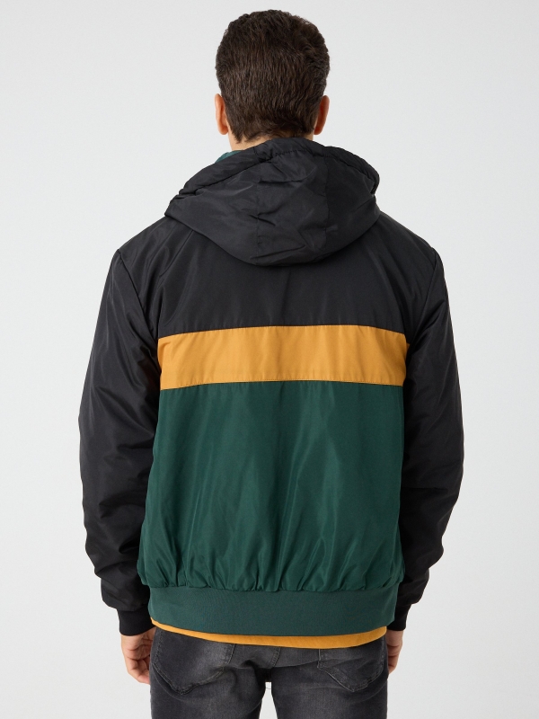Hooded Color Block Padded Jacket dark green middle back view
