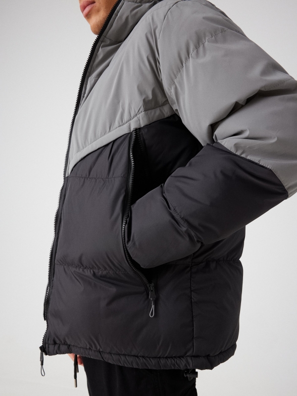 Two-tone padded jacket with hood black detail view