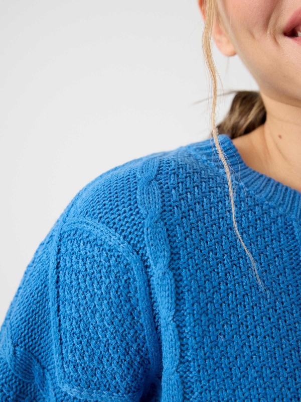 Cable knit sweater blue detail view