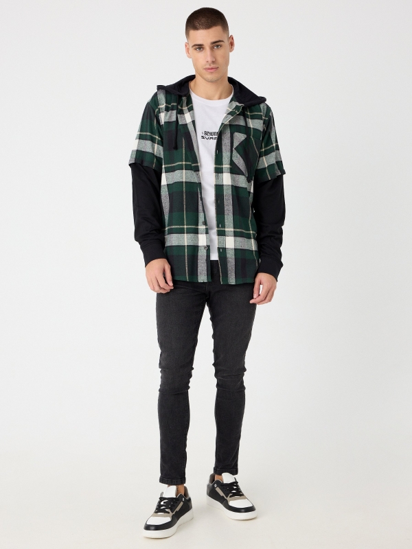 Combined checked shirt dark green front view
