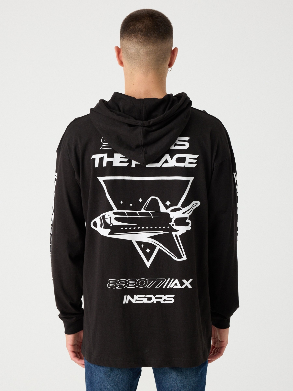 Space print hooded t-shirt black middle back view