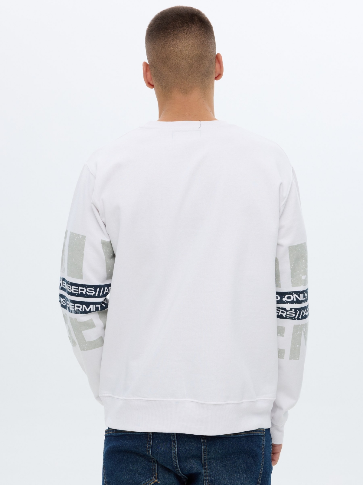 White sweatshirt printed letters white middle back view
