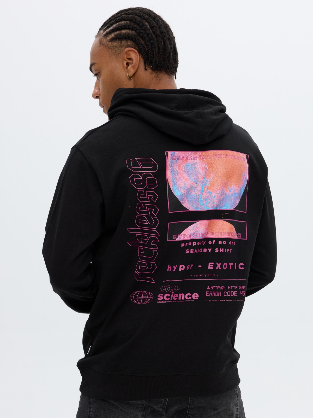 Print hooded sweatshirt black middle back view
