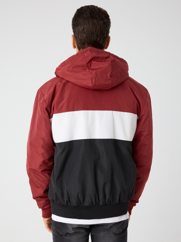 Quilted color block jacket with text red middle back view