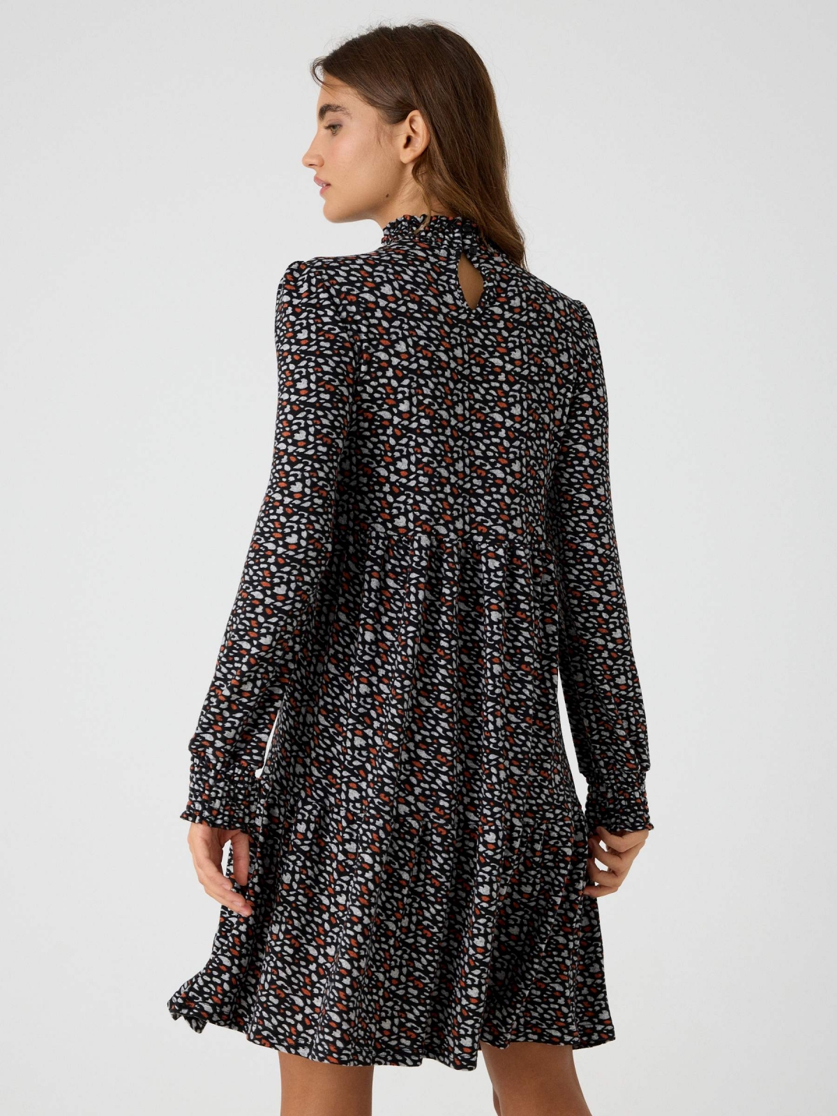 Printed high neck dress black middle back view