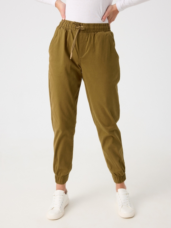 Twill joggers earth brown middle front view