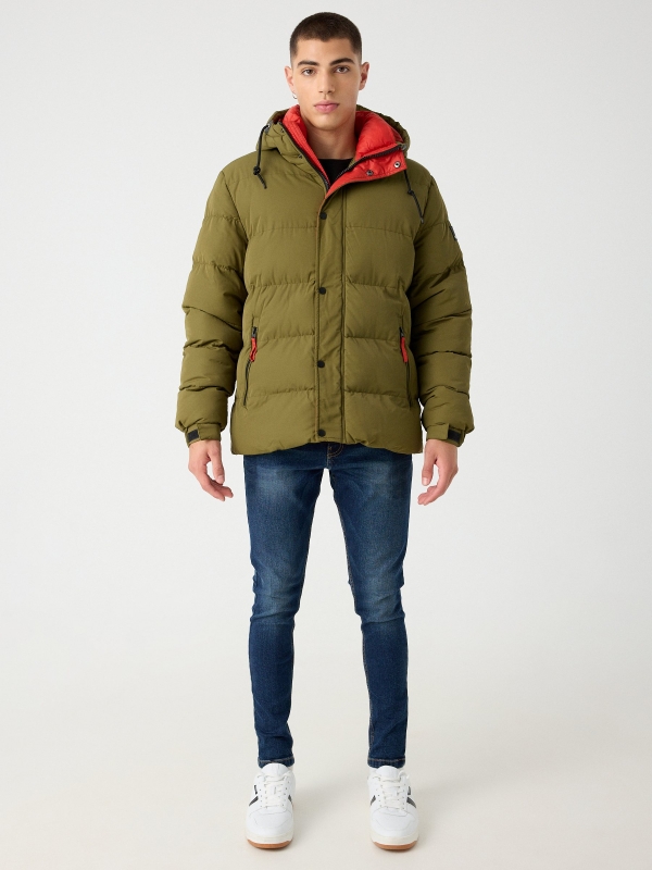 Contrast padded jacket khaki front view