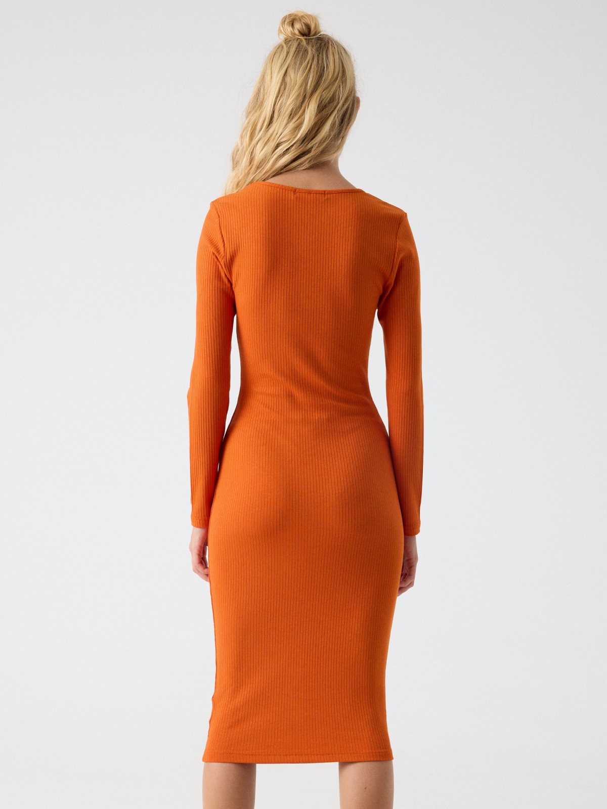Midi dress with knot neckline orange middle back view