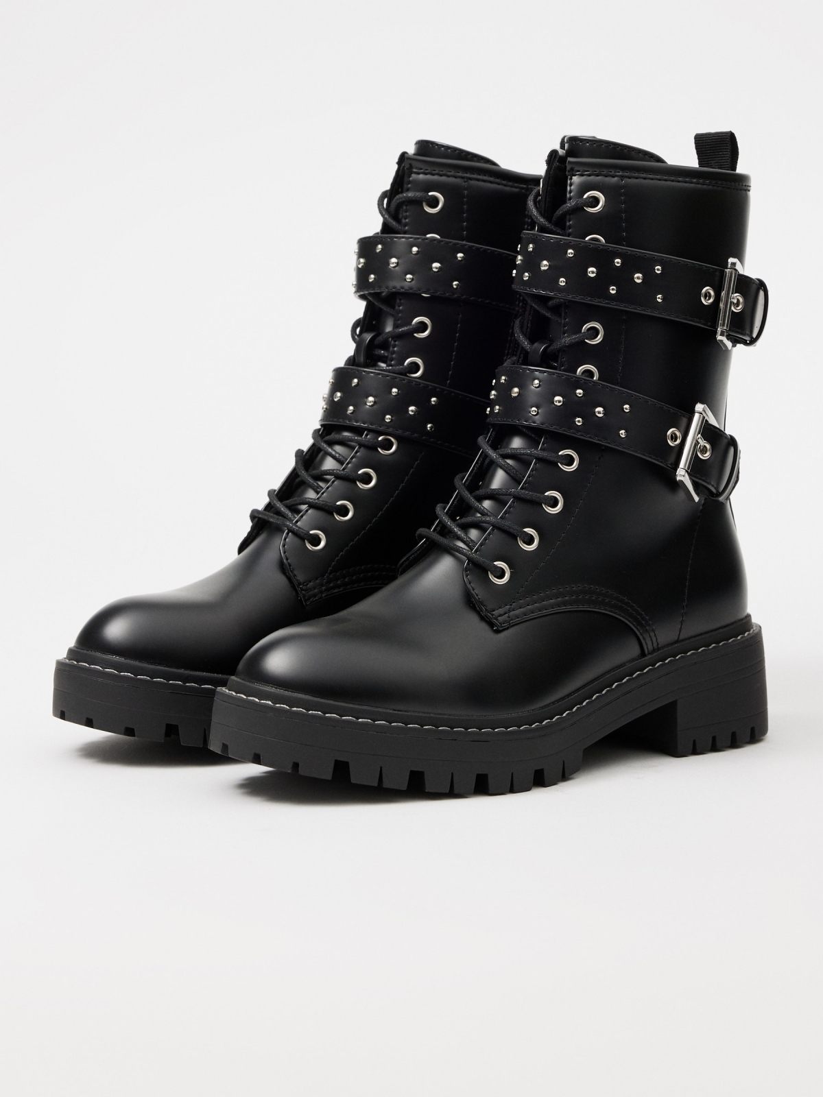 Ankle boot with buckles and studs black 45º front view
