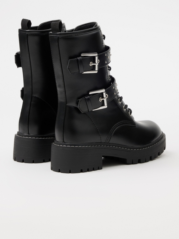 Ankle boot with buckles and studs black 45º back view