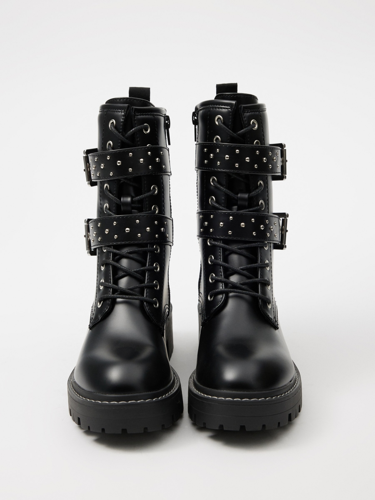 Ankle boot with buckles and studs black zenithal view