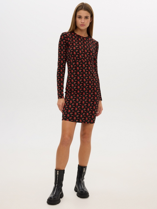Printed short combined dress black front view