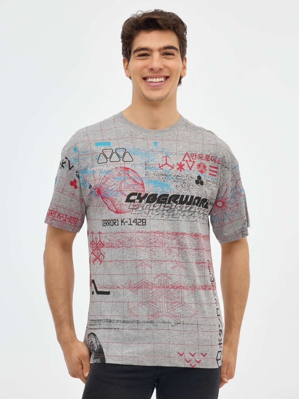 Cyber print T-shirt grey middle front view