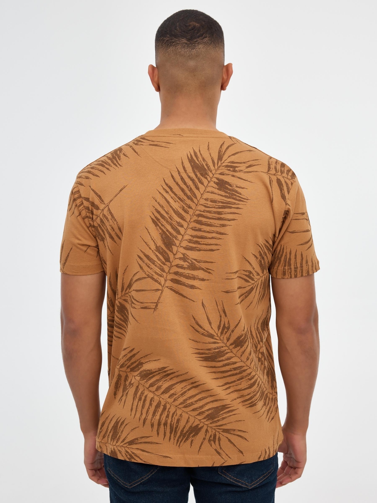 Palm leaves print t-shirt light brown middle back view