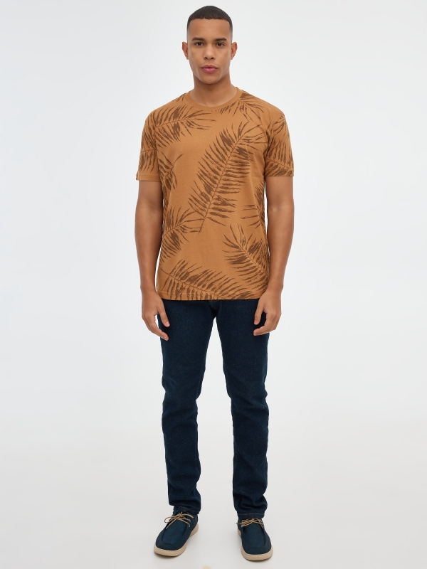 Palm leaves print t-shirt light brown front view