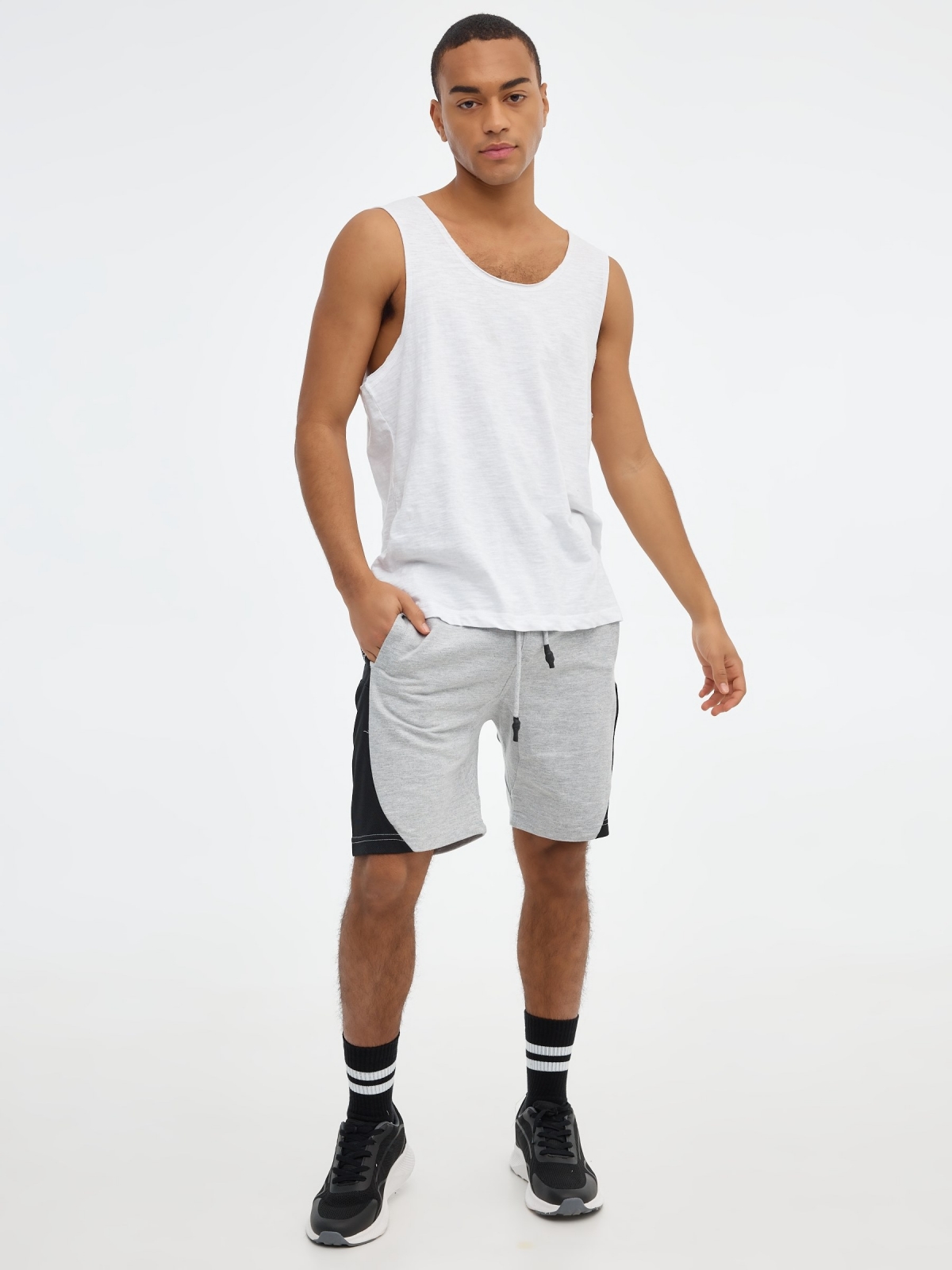 Bermuda jogger shorts with side band grey front view