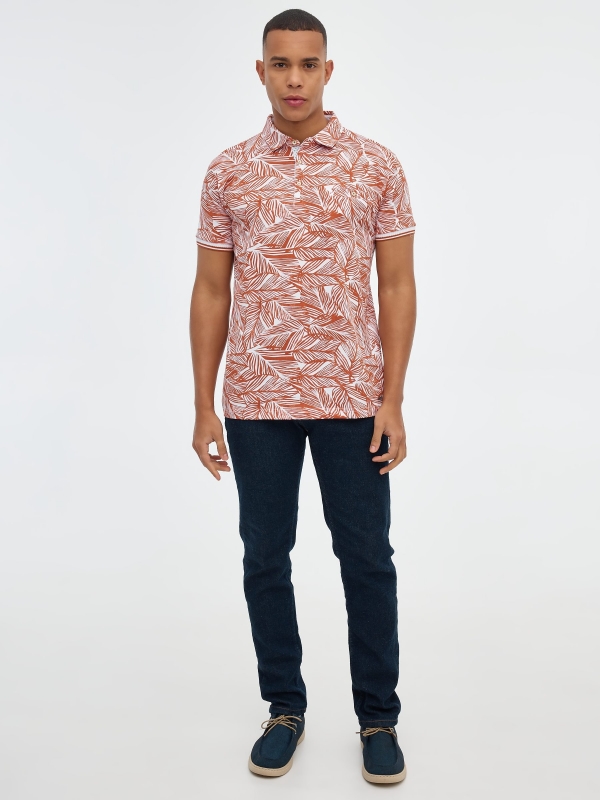Slim fit tropical print polo shirt brick red front view