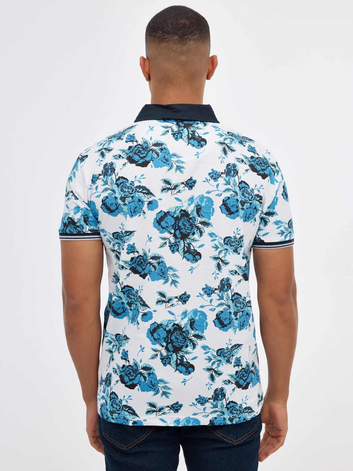 Blue rose print polo shirt white middle back view