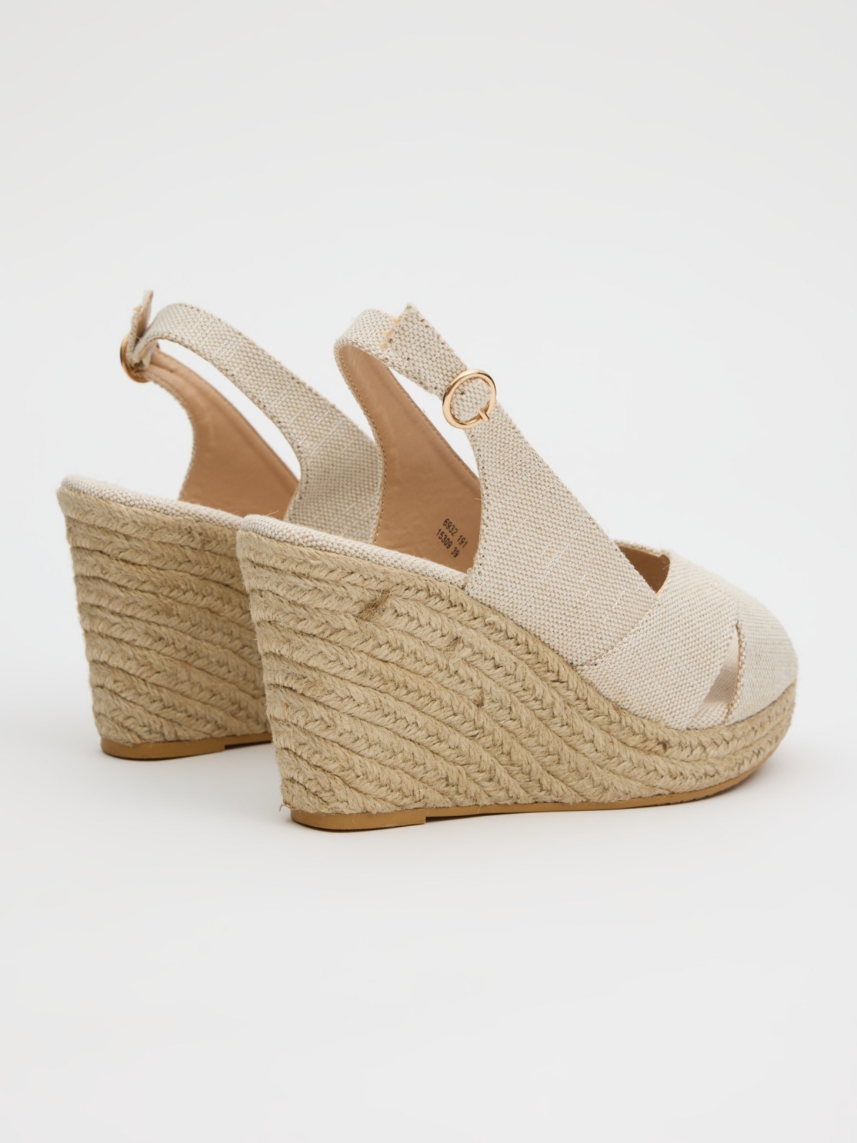 Jute wedge with crossed straps sand 45º back view