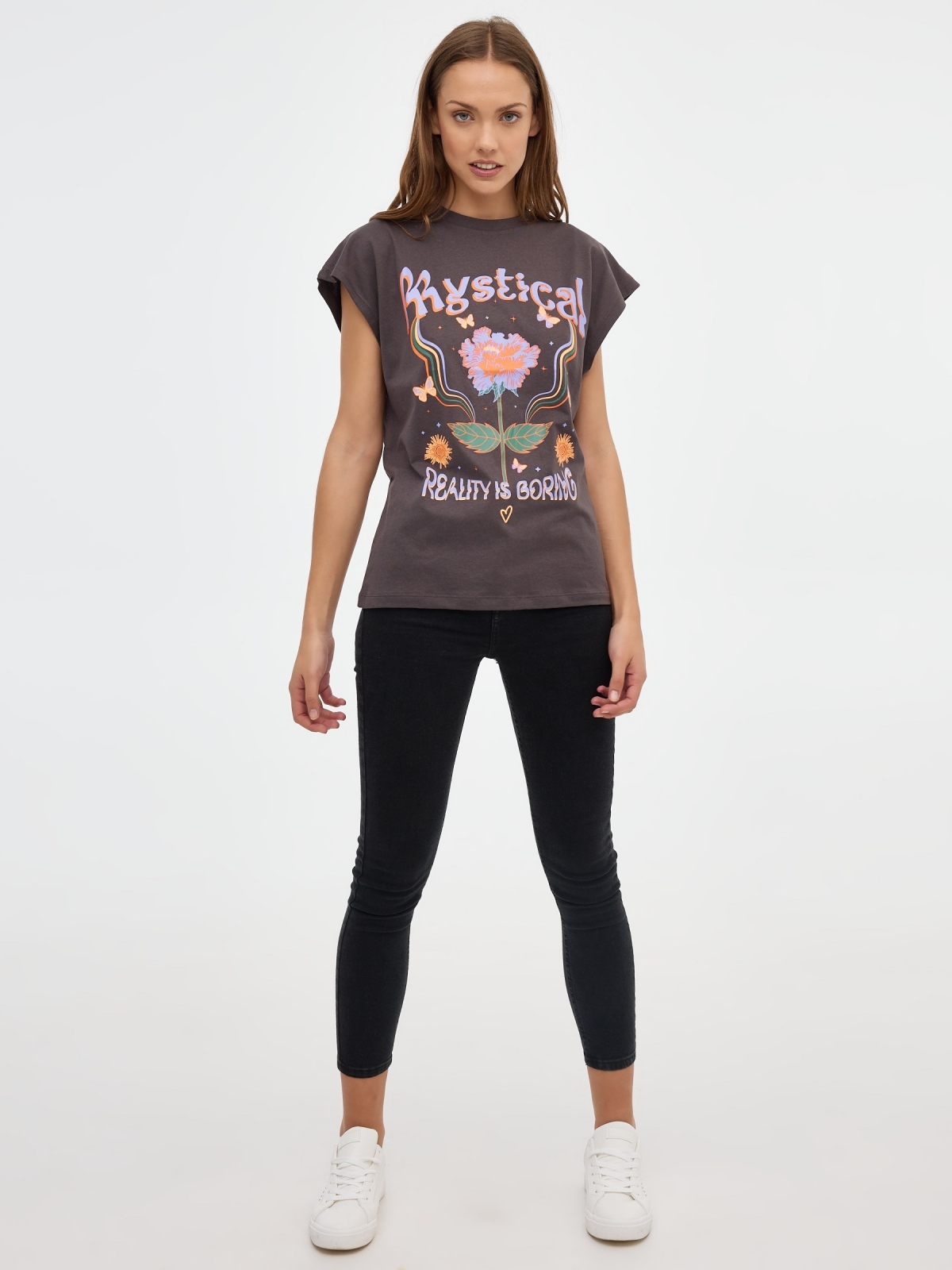 T-shirt oversized with psychedelic graphic dark grey front view