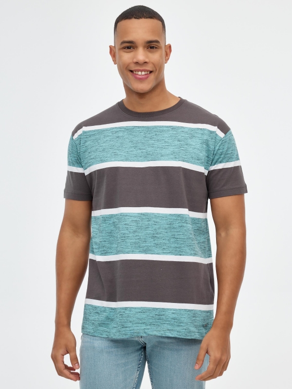 Bicolor striped T-shirt green middle front view