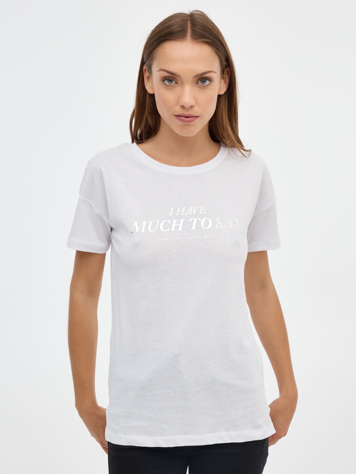 T-shirt Much to Say branco vista meia frontal