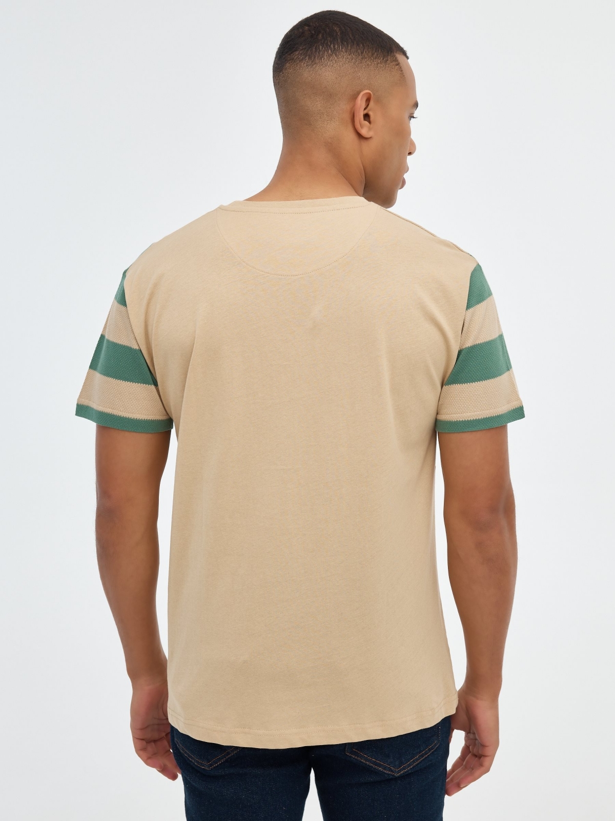 Combined striped T-shirt sand middle back view