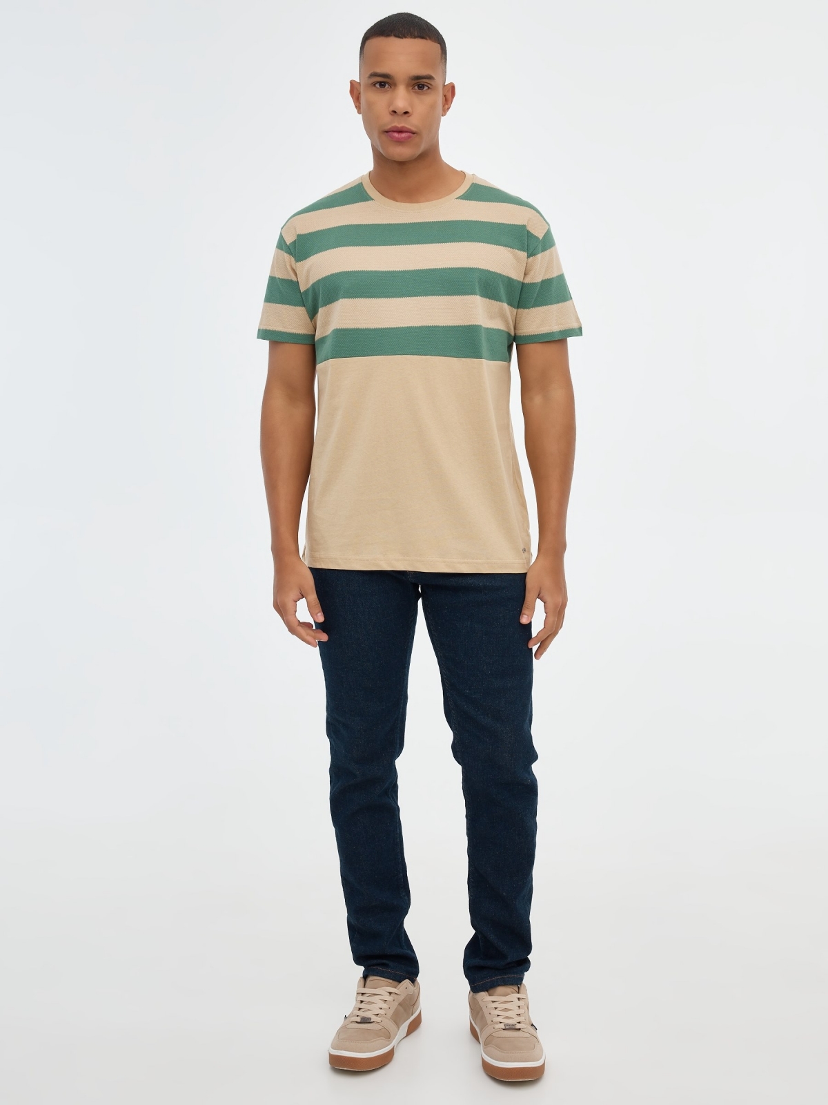 Combined striped T-shirt sand front view