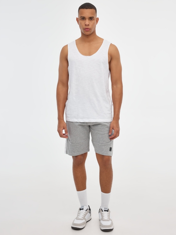 Bermuda jogger shorts with text grey front view
