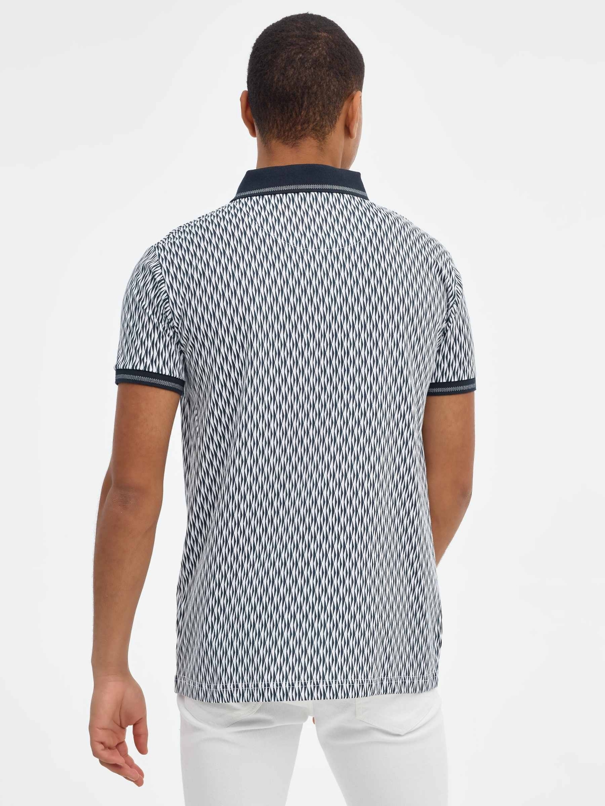 Geometric print polo shirt navy middle back view